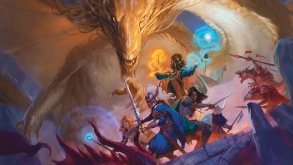 Five adventurers face off against kobolds in a cave while a gold dragon hovers in the background.