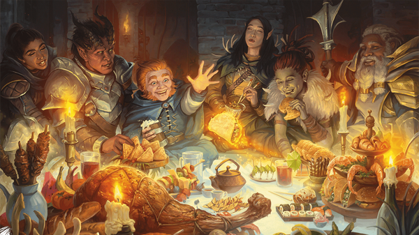 A group of laughing adventurers stand around a table loaded down for a feast. A glowing taco floats in the middle.