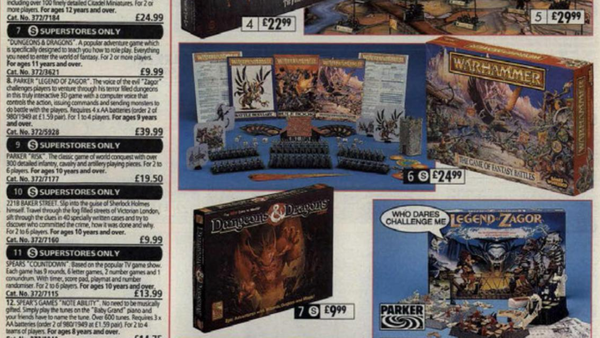 A scan of the 1993 Autumn/Winter catalogue, showing various boxed games, including Warhammer and D&D.