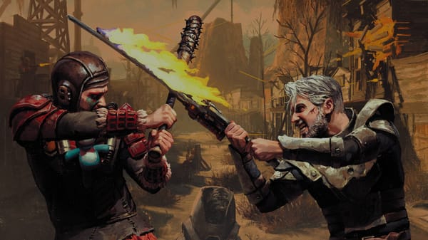 An illustration from Fallout: Factions featuring two people engaged in intense melee combat which may or may not be foreplay.