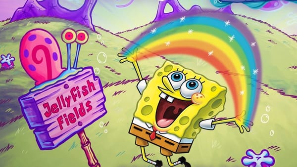 Spongebob Squarepants and his pet squid Gary frolic in a field, a rainbow between his arms. A sign reads: Jellyfish Fields