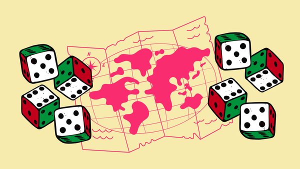 Dice in the color of the Italian flag across a Rascal pink and brown background