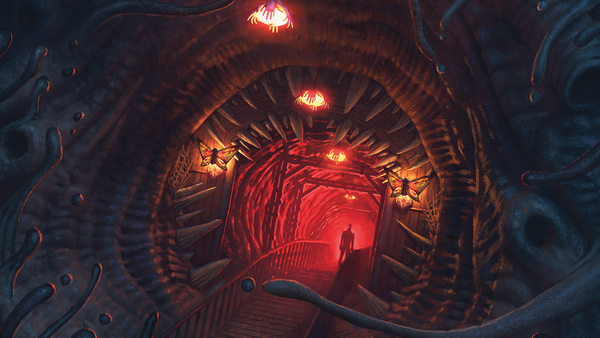 A shadowy figures stands at the end of a red-lit hallway leading into the mouth of a nightmare monster.