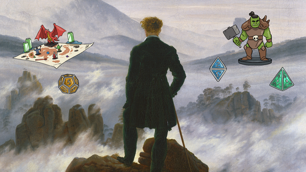 The painting called A Wanderer Above A Sea of Fog with some dice, figures and RPG paraphenelia have been added.