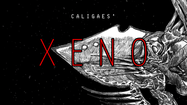 Title: Caligaes' XENO - Image: A KNIFE XENO pounces from behind the title, jaws wide open, crystal needles poised to launch.