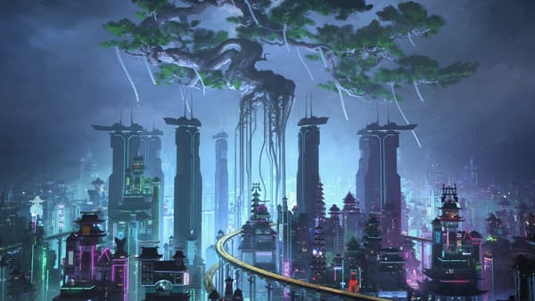 A massive tree towers over a futuristic metropolis, its roots dangling amongst dark skyscrapers at night