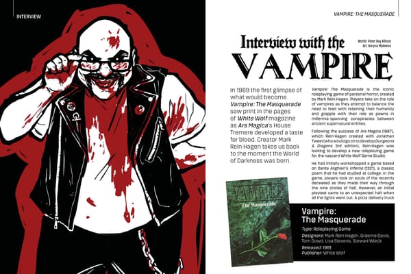 A spread of the magazine featuring a cartoon of Mark Rein Hagen and the title Interview with the Vampire