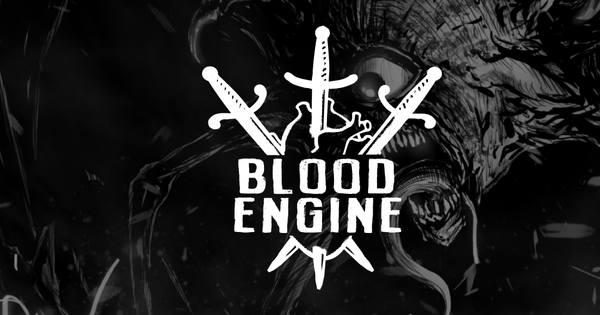 A banner with the cover of the Blood Engine Essential book and its logo, a stylized heart pierced by three swords.