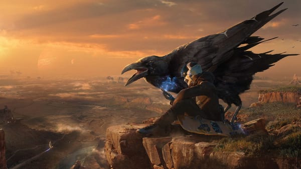 A person in a helmet sits on a massive cliff with a futuristic hoverboard and giant crow. The sky is orange and cloudy.