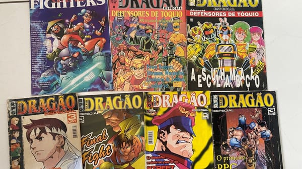 Seven issues of Dragão Especial, a Brazilian tabletop RPG comic, spread out on a white countertop.