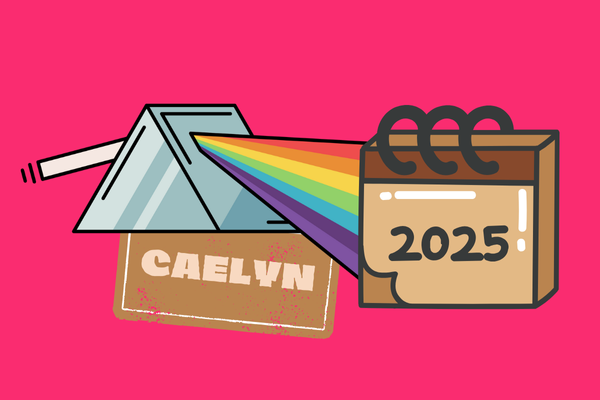 An image of a prism splitting light which is shining on a 2025 calendar. A label reads "Caelyn".