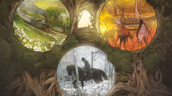 Three illustrated circles showing travel through spring, autumn, and winter sit against a deep forest background.