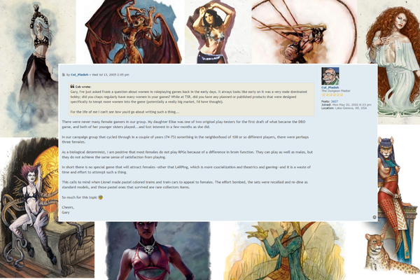 A forum post by user "Col_Playdoh" set against a collage of fantasy art depicting sexualized femmes.