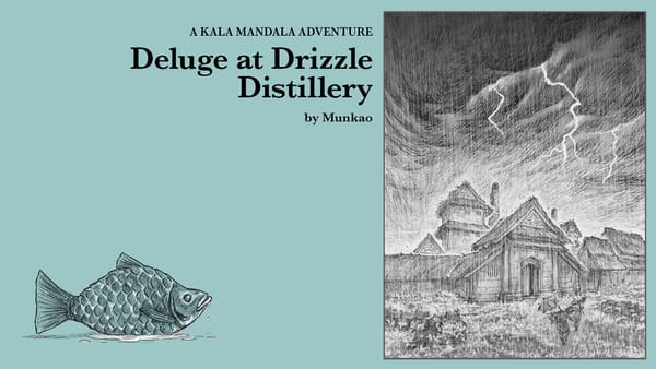 Deluge at Drizzle Distillery. A fish talisman at the bottom left. Feature illustration has a huge storm over a building.