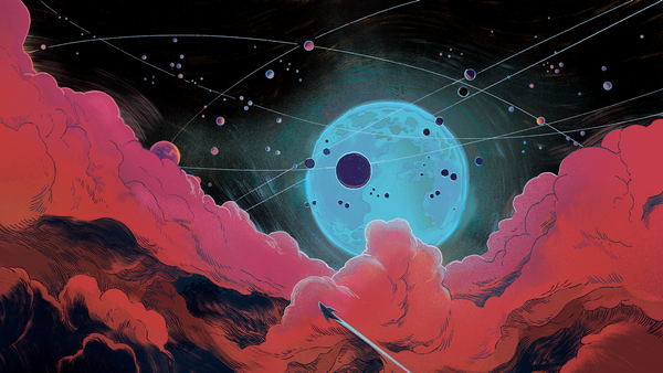 A spaceship thrusts upwards among red-tinted clouds. A blue sun orbited by hundreds of moons fills the background.