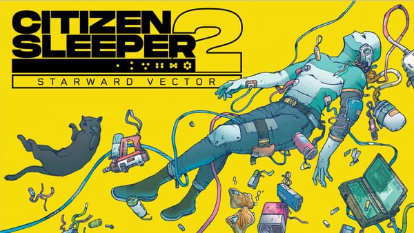 Citizen Sleeper 2 key art feautiring an android and a cat floating amidst debris against a bright yellow backdrop.