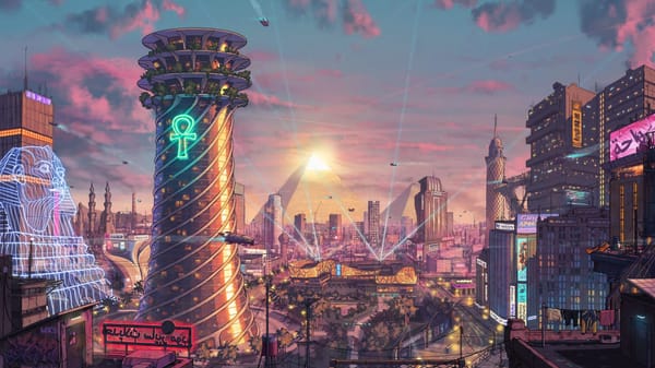 Illustrated image of a cyberpunk Cairo skyline. The Great Pyramids can be seen in the distance.