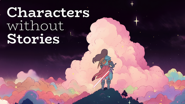 Characters Without Stories logo with woman facing away from viewer towards a sea of clouds