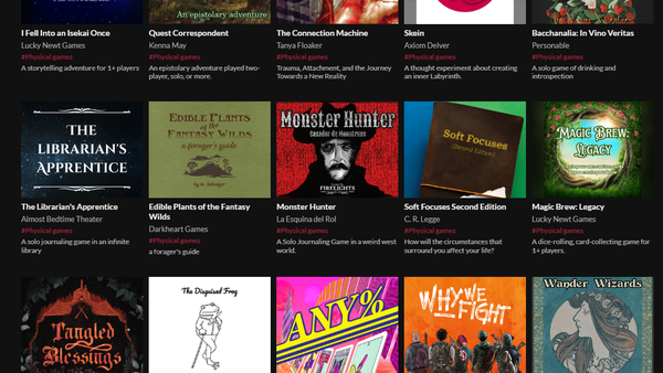 Mosaic of game listings on itch.io in rows of five against a black background. Title and description below each entry.