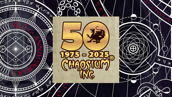 Chaosium anniervsary logo saying 50 years on an abstract background