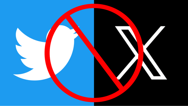 The old light blue Twitter logo on left, new black and white X logo on right. On top, a red no symbol.