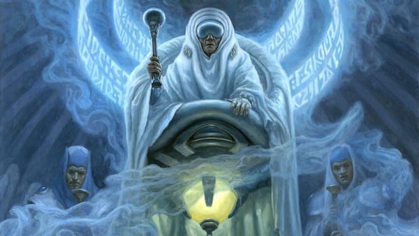 Card art for Grand Arbiter Augustin IV. Man in white robes holding a scepter, surrounded by smoke and blue runes.