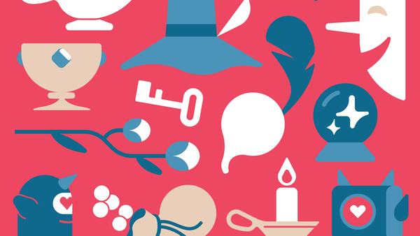 Multiple opjects - candlestick, goblet, hat, mask, turnip, etc. - on a pink bacground. Minimal color palette.