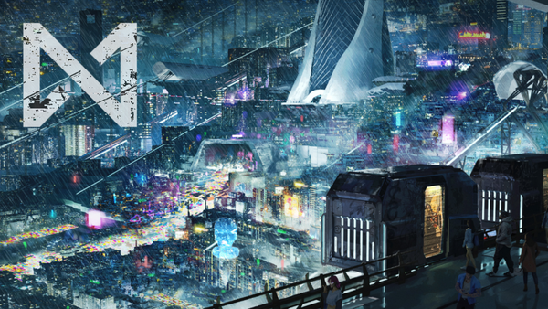 A rain lashed cyberpunk cityscape at night. People enter cubed elevators in the bottom right. Null Signal Games logo top left