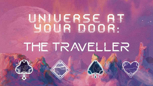 A landscape scene of an alien world. Text reads Universe at your door: The traveller. Below are 4 card suit shapes.