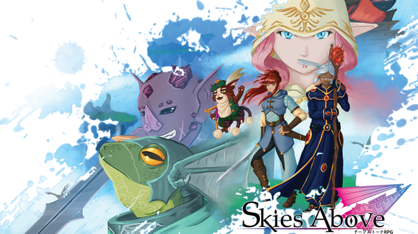 Art depicts a number of colourful figures, has the Title of Skies Above, Tabletalk RPG in Japanese below and airship logo.