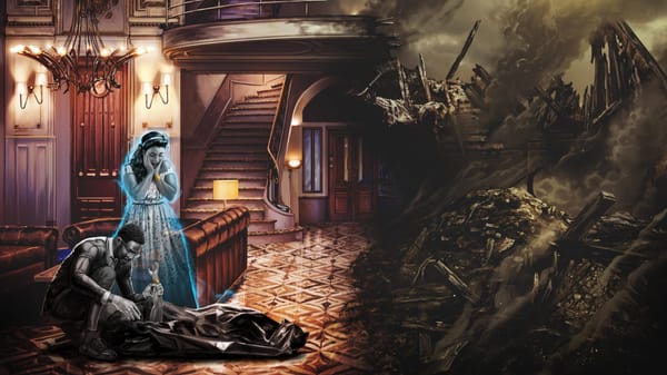 A man holds a cadavers arm while a woman's ghost hovers nearby. Both stand in the half-ruined remains of a hotel.