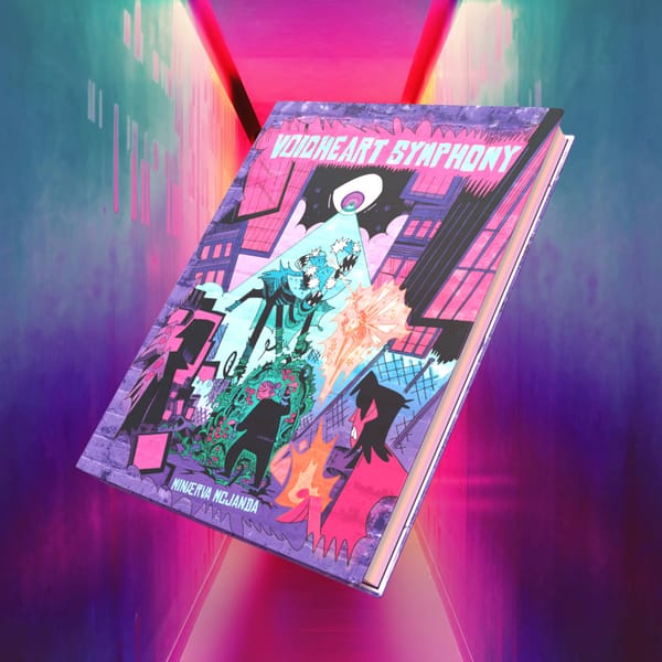 A hardcover book floating in a neon pink and purple space