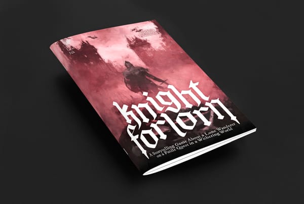  Photo of a crimson booklet titled Knight Forlorn, with a gothic cover showing a lone knight in a ruined city. 