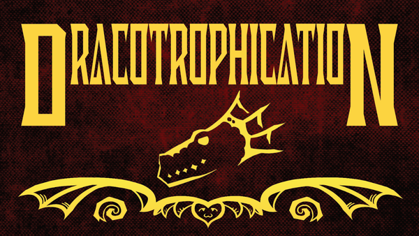 The logo for Dracotrophication, which includes the text in yellow font, an icon of a dragon's head.