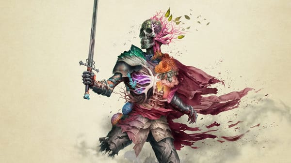 The key art for Avowed, an armoured skeletal figure covered in brightly coloured fungus and holding a sword