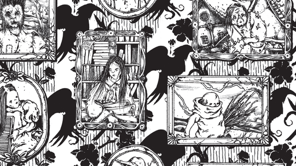 An illustration from Doomsong showing a wall of portraits.