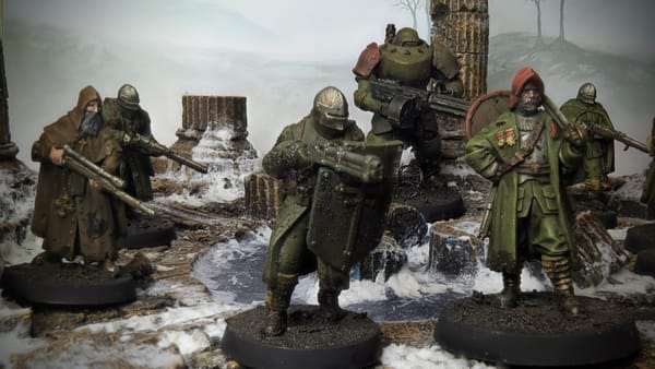 A photo of Trench Crusade miniatures - a New Antioch Warband on snowy ruins.