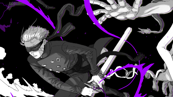 Illustration of a blindfolded swordsman running through a black expanse. Smoke and purple energy emanate from their hands.