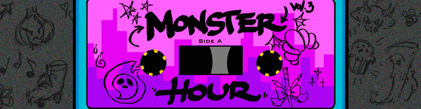 A tilted cassette tape painted with the fading silhouette of a city in purple. Text reads: “Monster Hour Vol. 3”