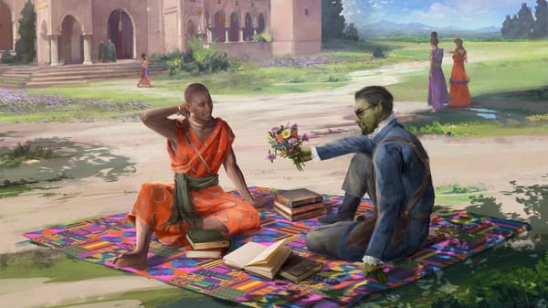 A bespectacled orc in a blue suit offers flowers to a person in orange robes and a shaved head while picnicking.