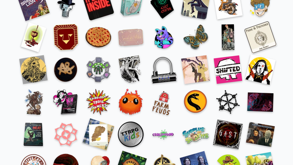 Wall of game icons against white background, reminiscent of enamel pins