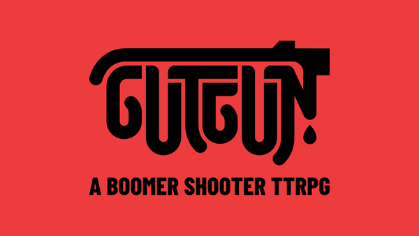 Black typographic logo against a bright red background. The logo reads "GUTGUN"